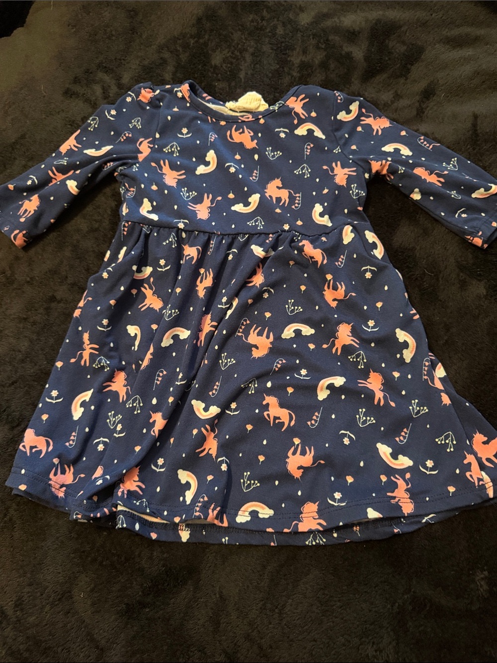 Navy Unicorn Print Long-Sleeve Kids Dress - Playful Print